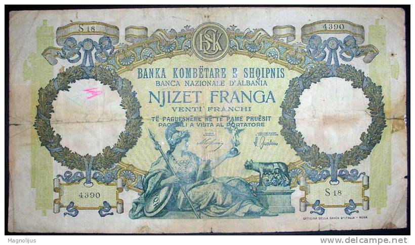 Banknote,paper Money,Albania,Shqipnis,20 Franga,Venti Franchi,dim.188x105mm. - Albania