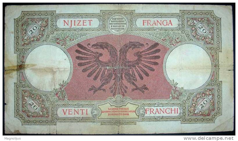 Banknote,paper Money,Albania,Shqipnis,20 Franga,Venti Franchi,dim.188x105mm. - Albanie