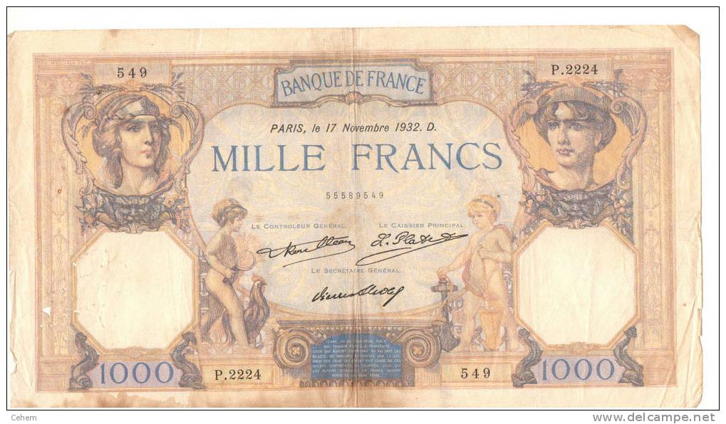 FRANCE BILLET 1000 FRANCS 17 NOVEMBRE 1932 CERES ET MERCURE ETAT D´USAGE - 1 000 F 1927-1940 ''Cérès Et Mercure''