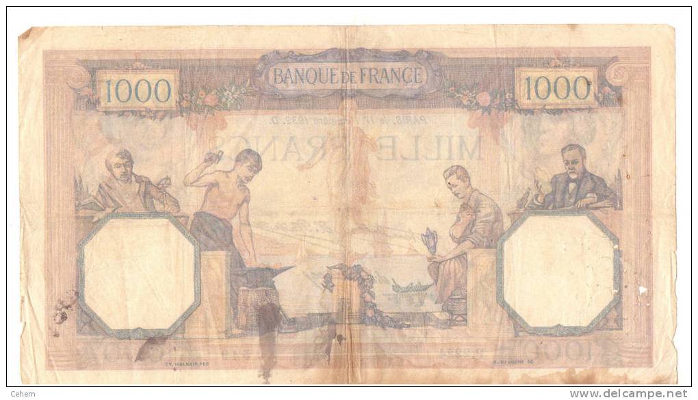 FRANCE BILLET 1000 FRANCS 17 NOVEMBRE 1932 CERES ET MERCURE ETAT D´USAGE - 1 000 F 1927-1940 ''Cérès Et Mercure''