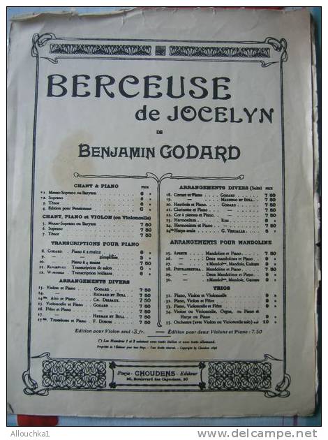 PARTITION MUSIQUE CLASSIQUE BERCEUSE DE JOCELYN DE BENJAMIN GODARD  EDITIONS CHOUDENS 4 PAGES - G-I
