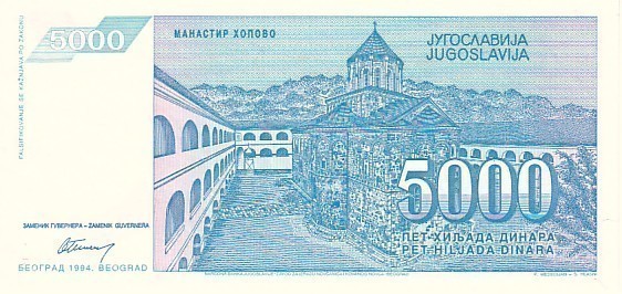 YOUGOSLAVIE   5 000 Dinara  Daté De 1994   Pick 141a   ***** UNC  BANKNOTE ***** - Yougoslavie