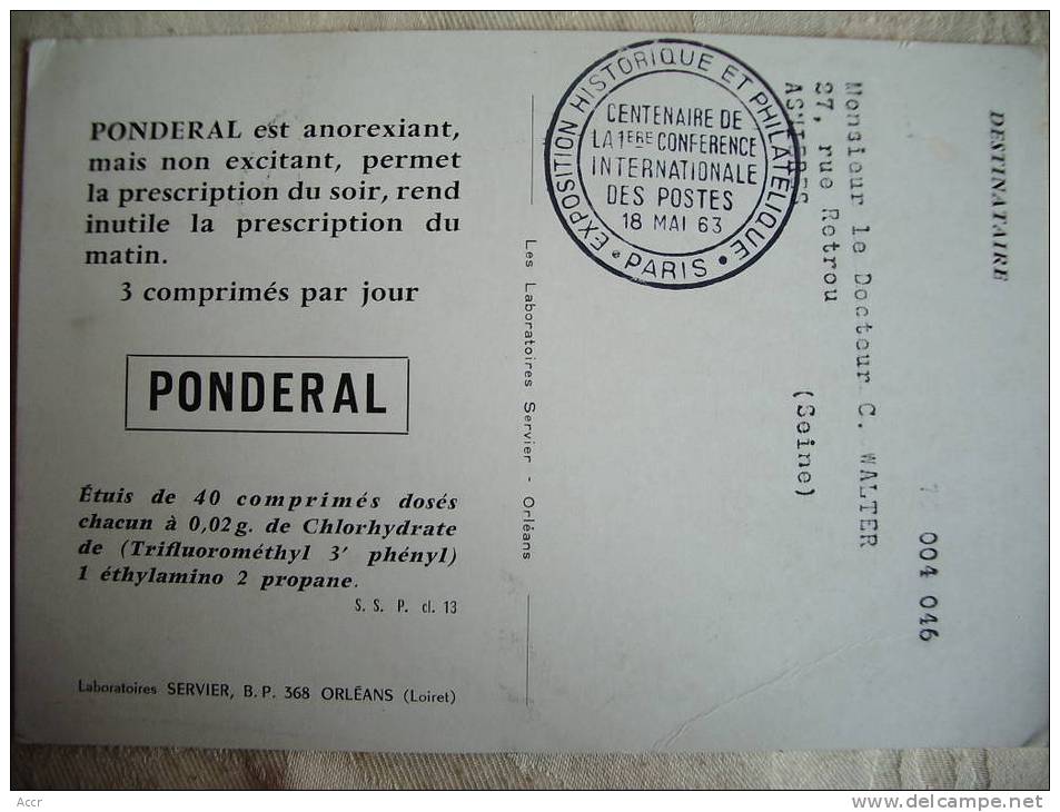 Publicité Pharmaceutique PONDERAL France 1963 Carte GF 18.5.1963 : 1ère Conférence Postale Paris - Farmacia