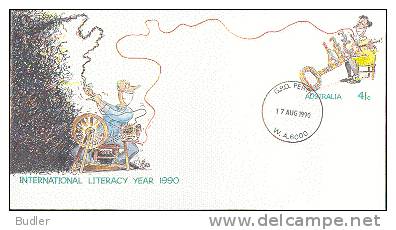 AUSTRALIA : 1990 : Post. Stat. : INTERNATIONAL LITERACY YEAR 1990 : READ,WRITE,ROUET,SPINNING-WHEEL,ALPHABET, - Ganzsachen