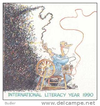 AUSTRALIA : 1990 : Post. Stat. : INTERNATIONAL LITERACY YEAR 1990 : READ,WRITE,ROUET,SPINNING-WHEEL,ALPHABET, - Ganzsachen