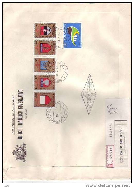 S. MARINO 1974 - FDC Yvert  875 - 876/80 - Annullo Speciale Illustrato - Stemmi - Riccione - Storia Postale