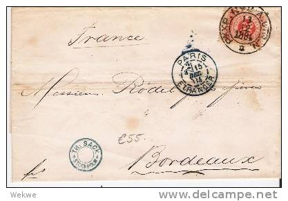 S-029/ - SCHWEDEN -  /Ziffernmarke 20 Öre, 1884, Nach Bordeaux,  Frankreich - Briefe U. Dokumente