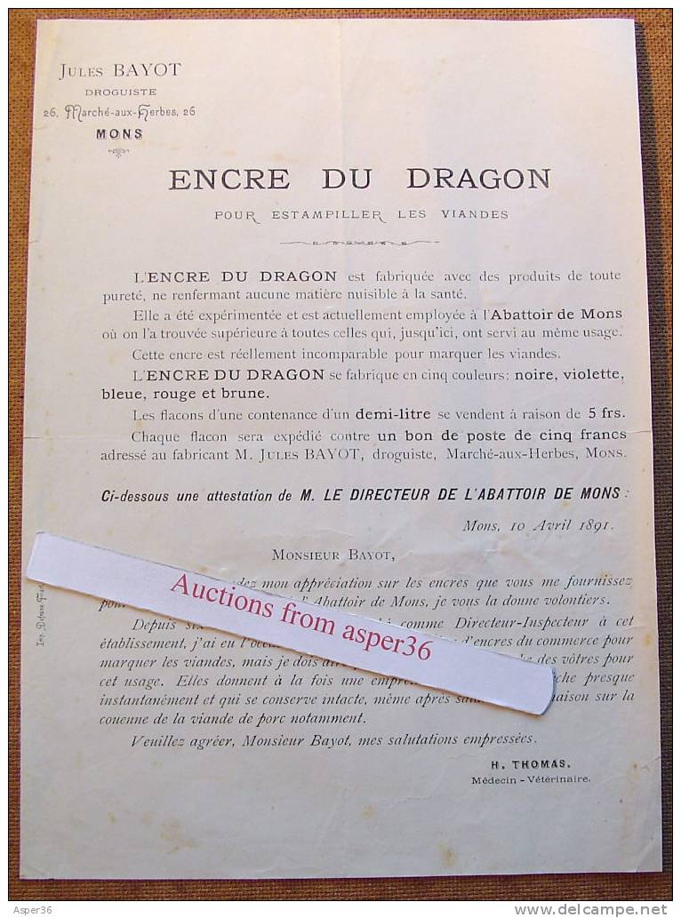 Lettre "Jules Bayot, Encre Du Dragon Pour Estampiller Les Viandes" Mons 1891 - 1800 – 1899