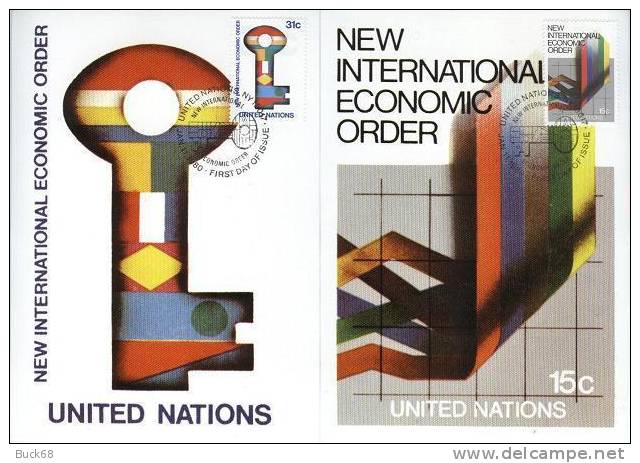 ONU UNO NEW YORK FDC Premier Jour Poste 308 & 309 Nouvel Ordre économique + Clef Drapeau Flag Key - Cartoline Maximum