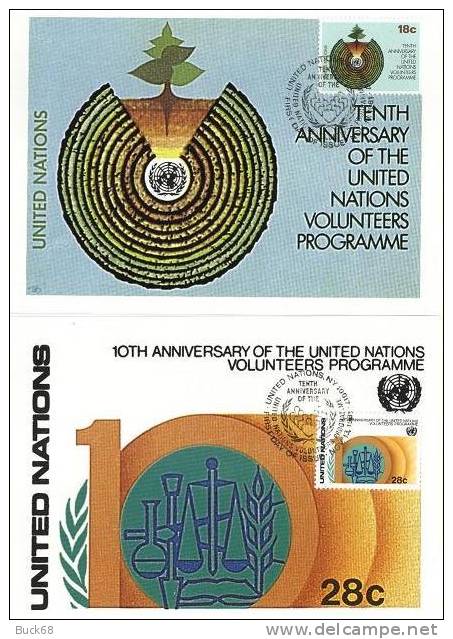 ONU UNO NEW YORK FDC Premier Jour Poste 357 & 358 Volontaires + Semis Dans Un Tronc - Cartes-maximum