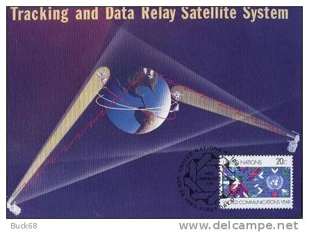 ONU UNO NEW YORK FDC Premier Jour Poste 383 Année Des Communications : Suivi Tracking Satellite System - Cartes-maximum