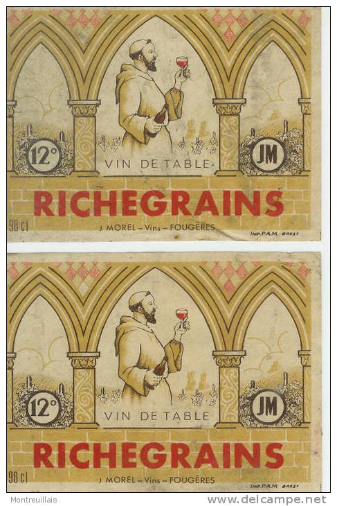 Etiquettes (2) De Vin Richegrains, Vin J. Morel à Fougères, Moine, Vendu En L´état - Alcolici