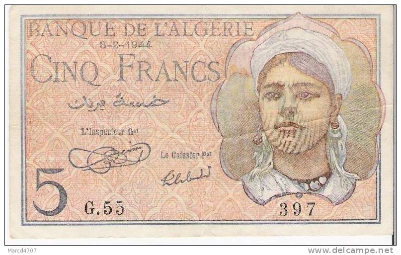 5 Francs Algerie Algeria Colonie Francaise G.55 - Algerien