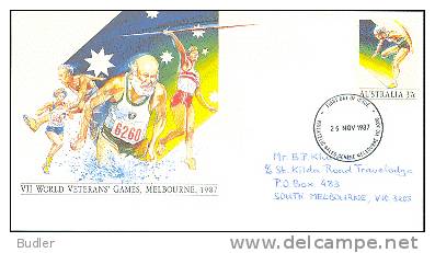 AUSTRALIA : 1987: Post. Stat.:VII WORLD VETERANS' GAMES, MELBOURNE,1987:ATHLETICS,THE AGED (OLD) PEOPLE,JAVELIN THROWING - Postal Stationery