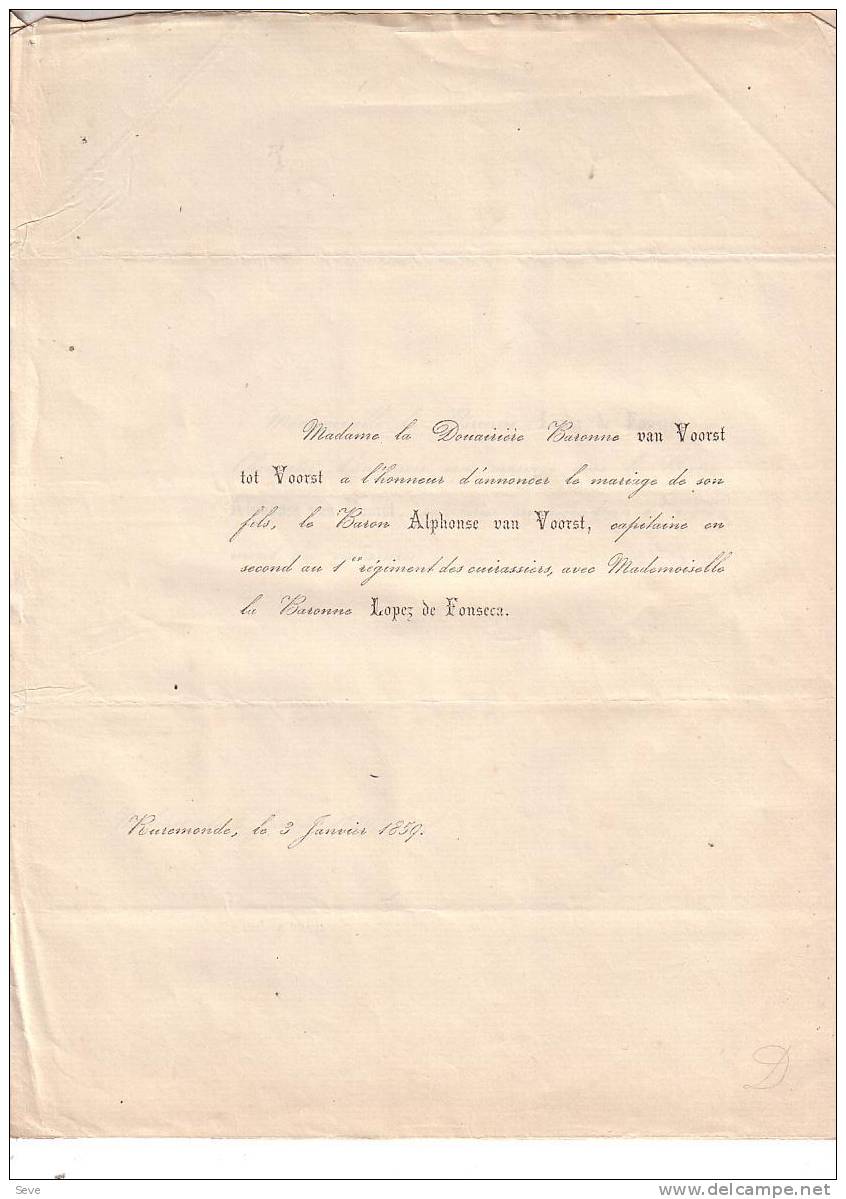 RUREMONDE ROERMOND Faire-part Famille Van VOORST Tot Voorst Et LOPEZ De FONSECA Baronne 1859 - Autres & Non Classés