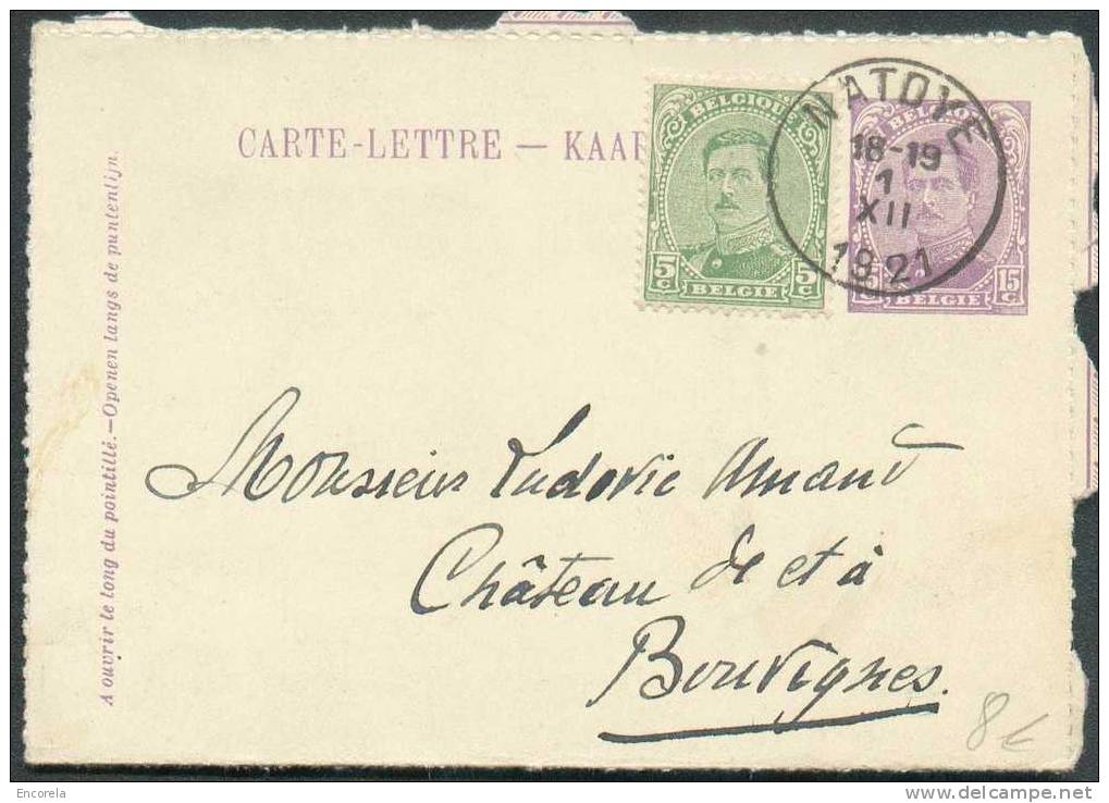N°137 - 5 Centimes Vert En Compl. S/E.P. Carte-lettre 15 Cent. Obl. Sc NATOYE 1-XII-1921 Vers Bouvignes.  Superbe Frappe - Postbladen