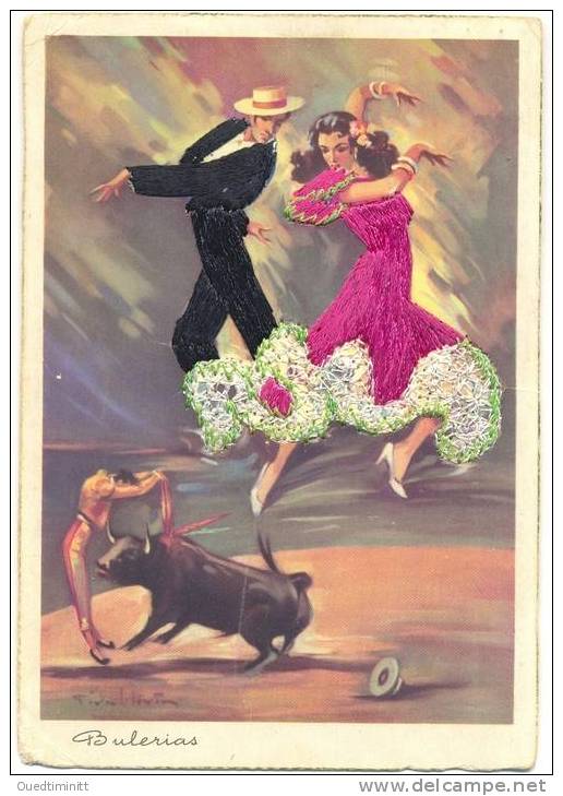 Espagne.Danseurs De Flamenco Et Tauromachie.très Belle Carte Brodée ++++++++1958. - Bordados