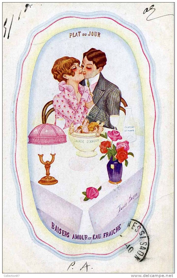 ILLUSTRATEUR X. SAGER - SERIE LE PLAT Du JOUR 21  N° 100 - FEMME Au RESTAURANT - BAISER D'AMOUR Et D'EAU FRAICHE - Sager, Xavier