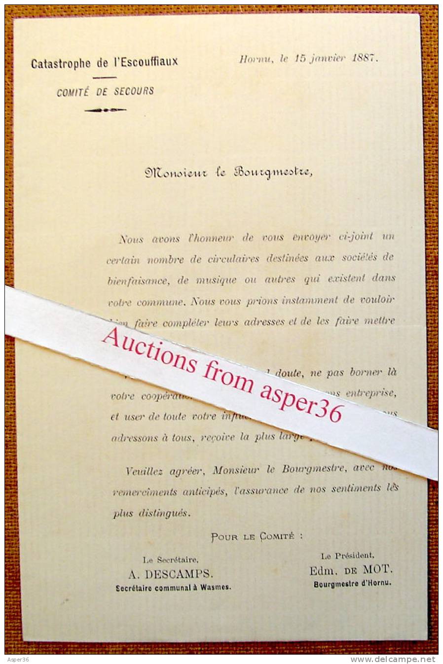 2 Lettres "Catastrophe De L'Escouffiaux, Comité De Secours, Hornu 1887" - 1800 – 1899