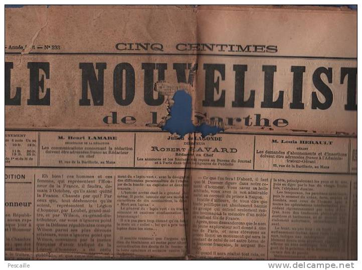 LE NOUVELLISTE DE LA SARTHE 2 OCTOBRE 1901 - LE MANS - LEGION D'HONNEUR - BELGIQUE ... - Informations Générales