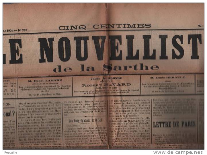 LE NOUVELLISTE DE LA SARTHE 11 SEPTEMBRE 1901 - LE MANS - MARSEILLAISE - CONGREGATIONS - DELLE - BANDE ABONNE - Informations Générales