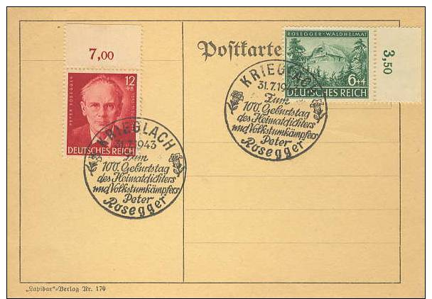 Germany; Card W. Propaganda Cancel 1943 - Peter Rosegger - Lettres & Documents