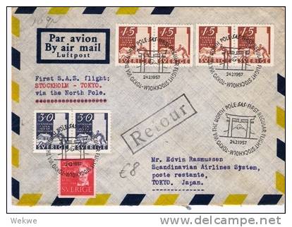 S202// - SCHWEDEN -  Erstflug SAS Stockholm-Tokio über Den Nordpol 1957 - Lettres & Documents