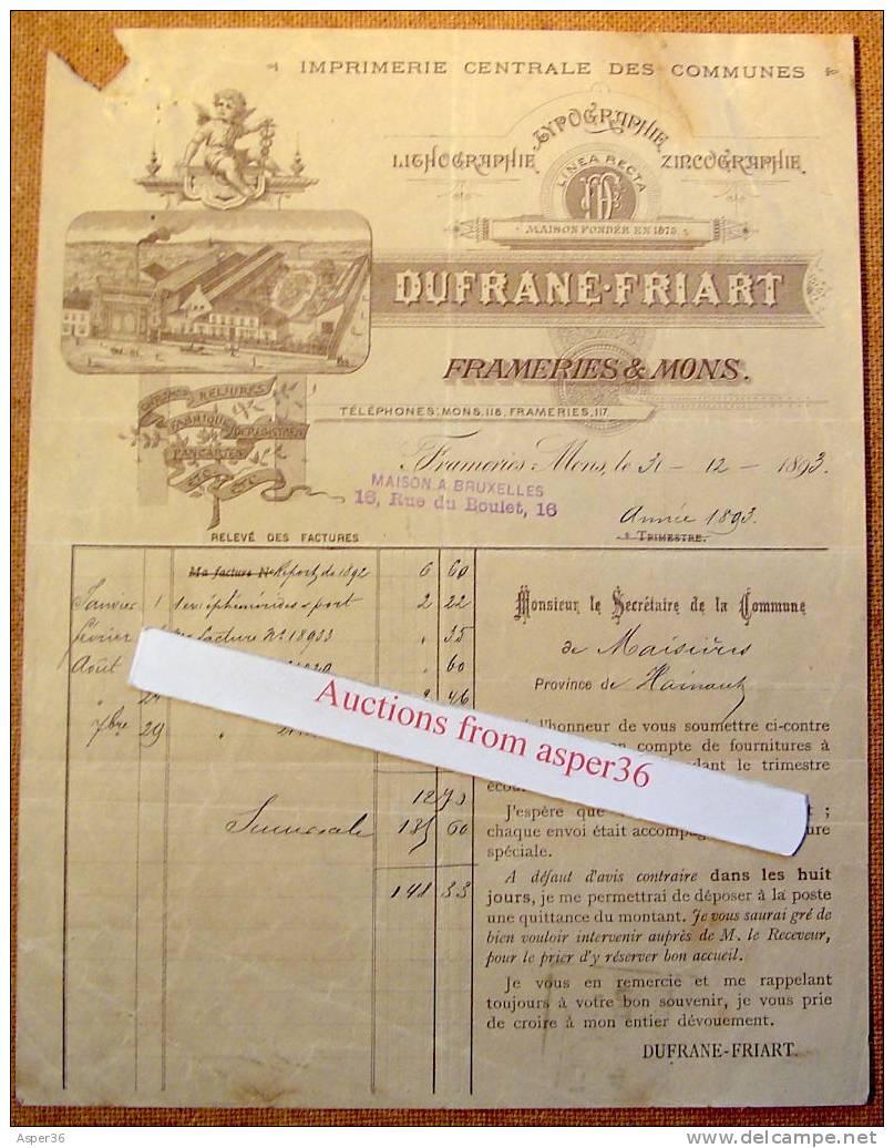 Facture "Imprimerie Dufrane-Friart, Frameries & Mons 1893" - 1800 – 1899