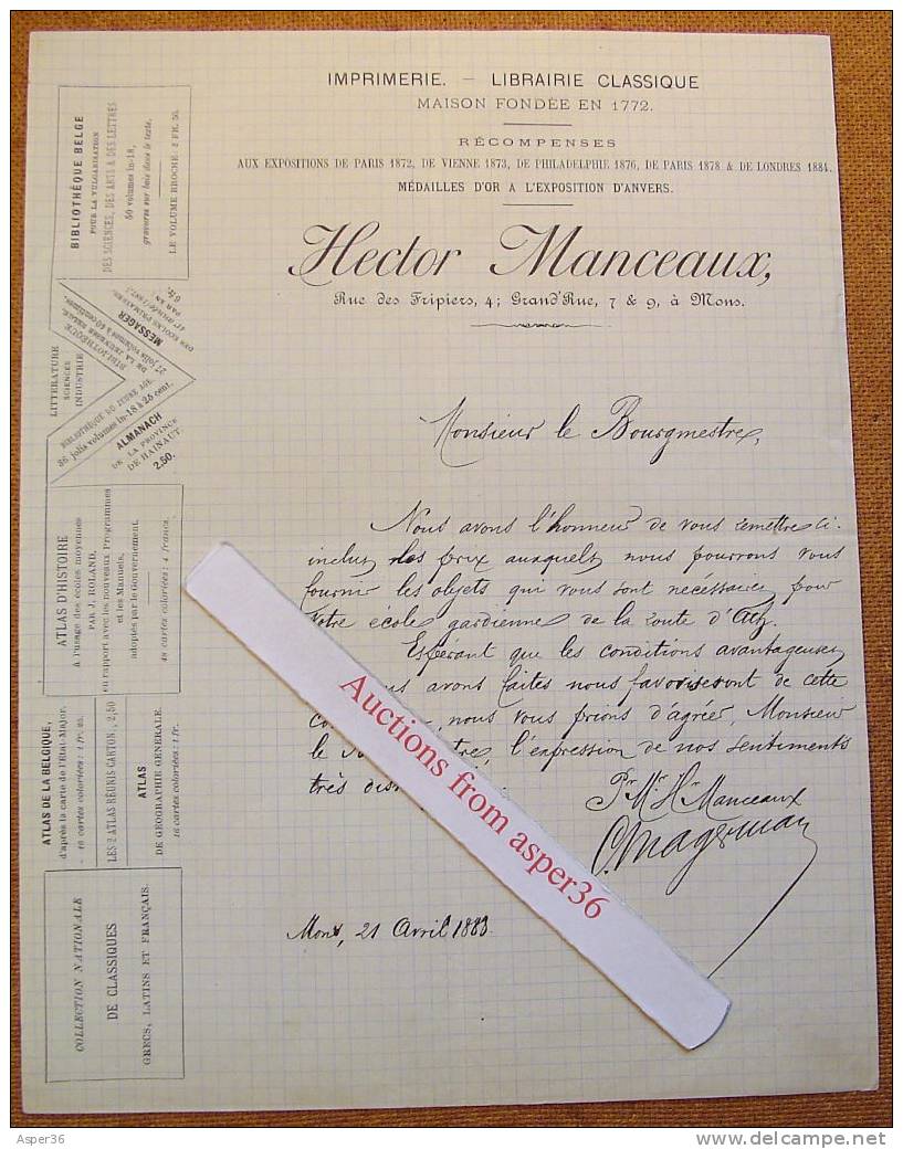 Lettre "Imprimerie Hector Manceaux, Mons 1888" - 1800 – 1899