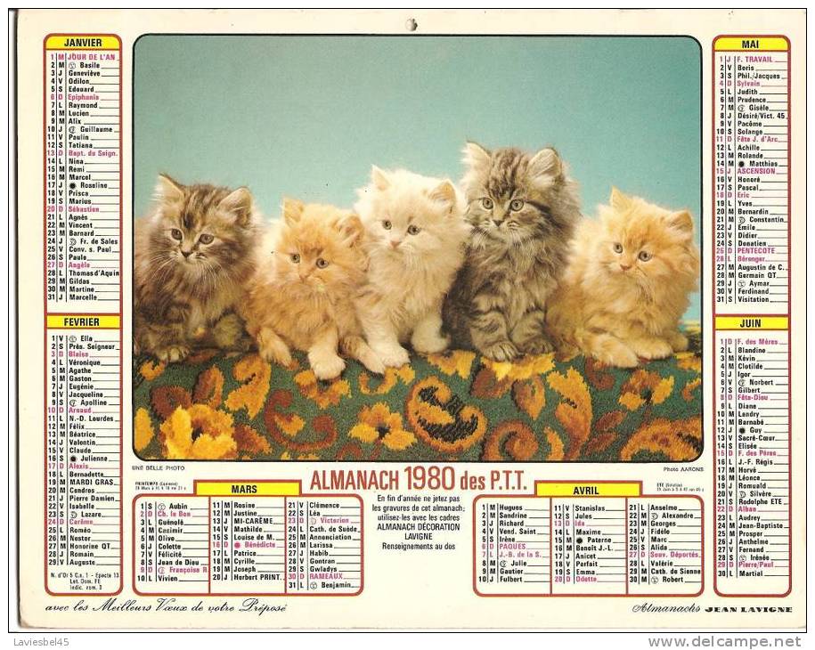 CALENDRIER - ALMANACH DES PTT ANNEE 1980 . JEAN LAVIGNE - Photos Aarons - Big : 1971-80