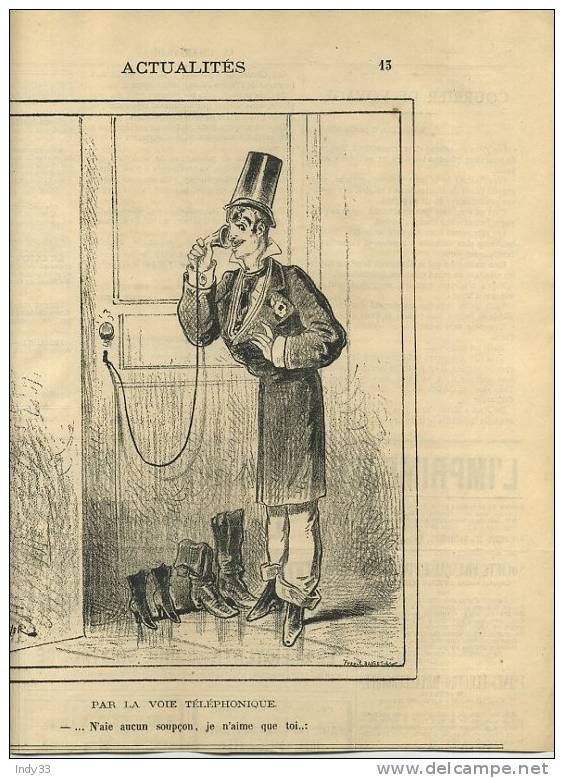 - "ACTUALITES"  PAR DRANER . GRAVURE DU JOURNAL "LE CHARIVARI" 2e 1/2 DU XIXe S. - Téléphonie