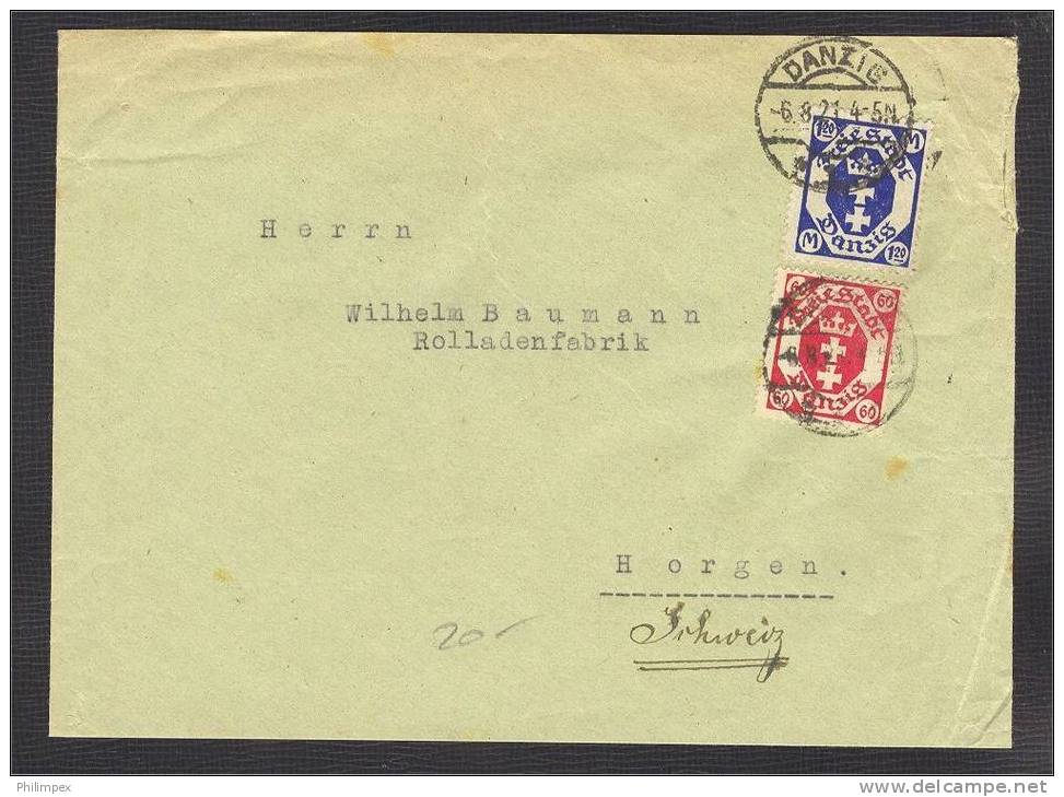 GERMANY, DANZIG 1,20 M + 60 Pfg COVER TO SWITZERLAND 1921 - Cartas & Documentos