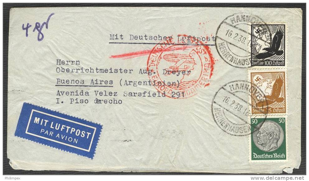 GERMANY, III REICH - AIRPOST COVER 1,75 MARK 1938 TO ARGENTINA - Airmail & Zeppelin