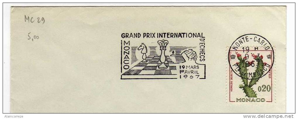 Flamme Monaco "Grand Prix International D'échecs 19 Mars 1er Avril 1967" Tête De Cheval Jeu D'échecs - Postmarks