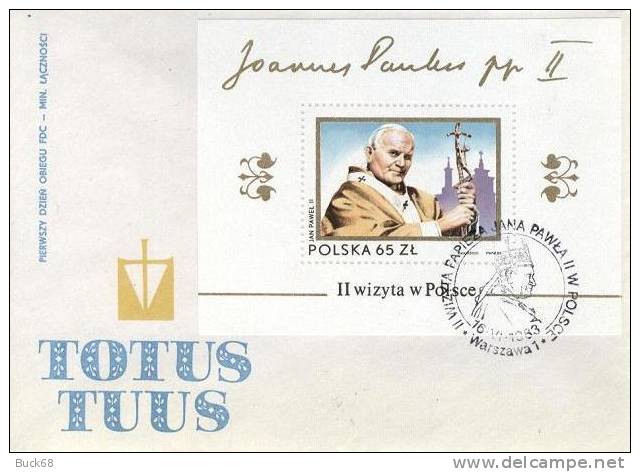 POLOGNE POLEN POLSKA Bf 99 FDC Premier Jour : 2ème Visite Du Pape Jean-Paul II (16 Juin 1983) - Blocks & Kleinbögen