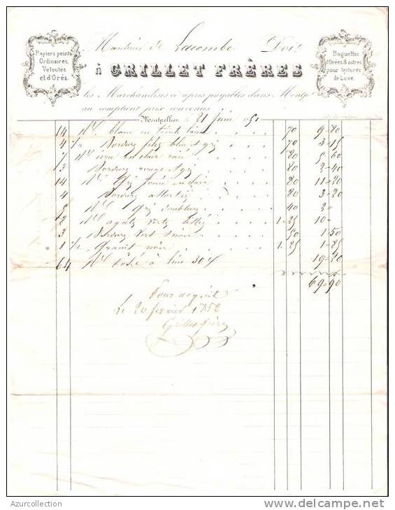 GRILLET PAPIERS PEINTS ... MARTIN .MONTPELLIER . 34 . 1851 - Printing & Stationeries