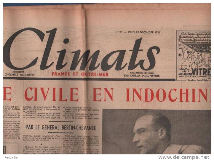 CLIMATS 26 DECEMBRE 1946 - INDOCHINE - BINGERVILLE - PHNOM PENH - MARTINIQUE - NOUVELLE CALEDONIE - RAPATRIES .... - Informations Générales