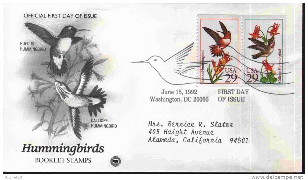 Fdc Usa 1992 Oiseaux Colibris Hummingbirds Calliope & Rufous - Colibris
