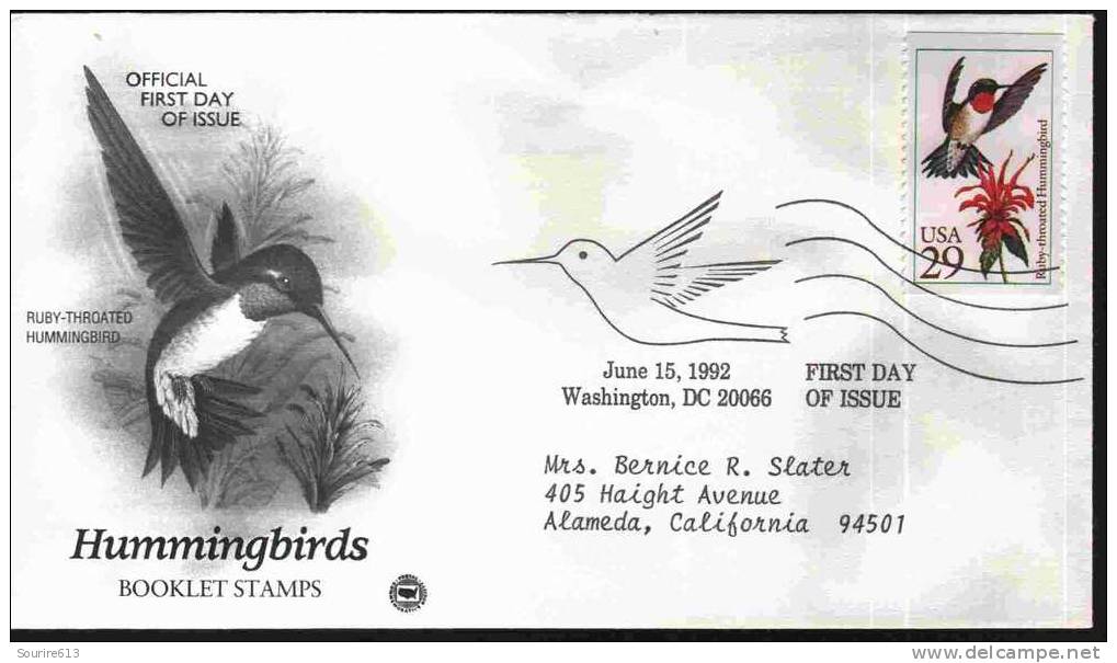 Fdc Usa 1992 Oiseaux Colibris Hummingbirds Ruby-Throated - Colibrì