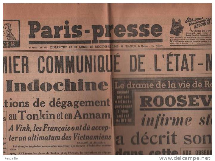 PARIS PRESSE 22 DECEMBRE 1946 - ROOSEVELT - PAUL LANGEVIN - INDOCHINE - JAPON RAZ DE MAREE - CESARE ROSSI - SARRE - Allgemeine Literatur