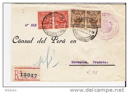 Per010/  PERU - Dienst-Einschreiben An  Das Peruanische Konsulat, Marseille 1934 - Peru