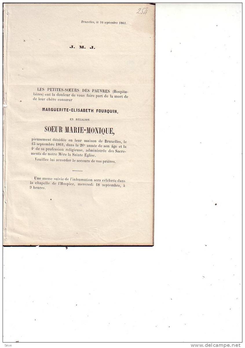 BRUXELLES + Zuster  Religieuse Doodsbrief Marie-Monique Née FOURQUIN 26 Ans En 1861 - Autres & Non Classés