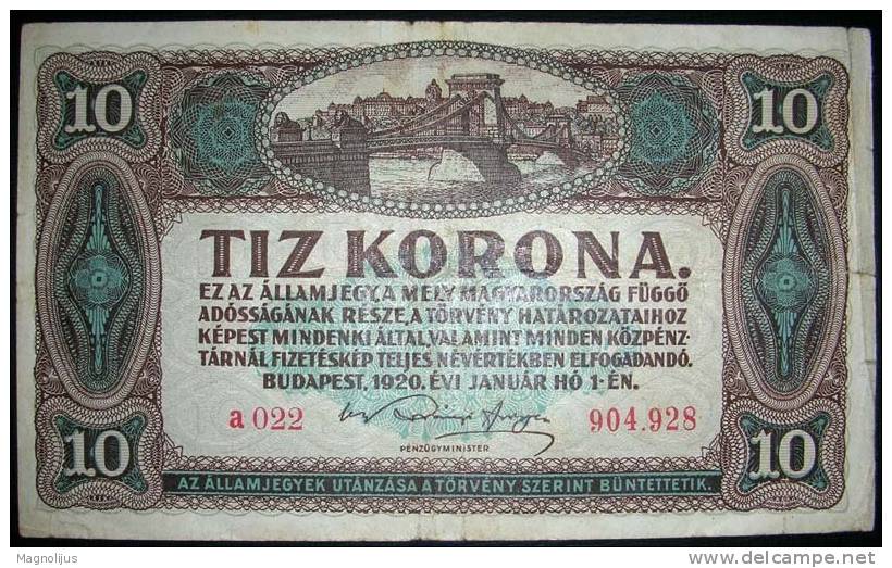 Paper Money,Banknote,Hungary,10 Korona,Budapest,1920.,dim.135x80mm. - Hongarije