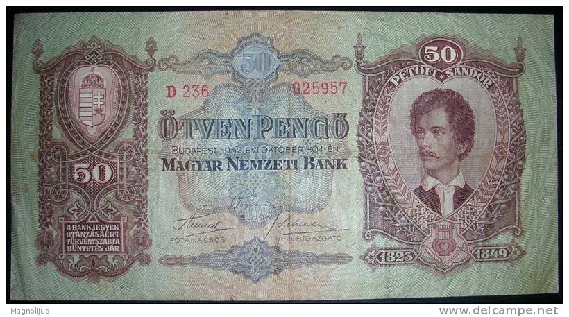 Paper Money,Banknote,Hungary,50 Pengo,1932.,dim.169x88mm. - Hongrie