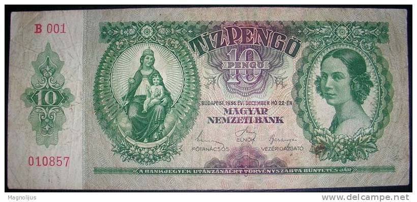 Paper Money,Banknote,Hungary,10 Pengo,1936.,dim.159x71mm. - Ungarn