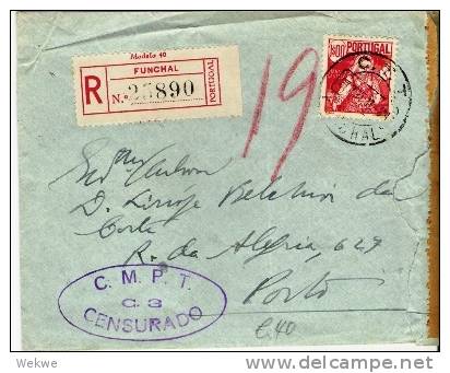 Por108/ Funchal-Porto 1943, Einschr., Madeira Zensur+Verschluss - Funchal