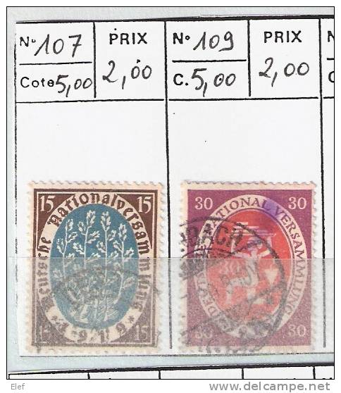 Allemagne, Empire , Yvert N° 107 Et 109 Obl. "Assemblée Constituante De Weimar " ,TB - Used Stamps