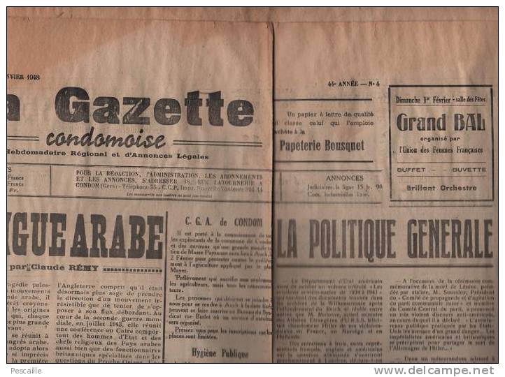 LA GAZETTE CONDOMOISE 31 JANVIER 1948 - CONDOM - LIGUE ARABE - BLES D'HIVER - General Issues