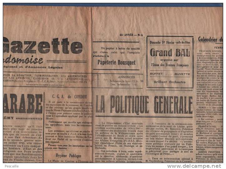 LA GAZETTE CONDOMOISE 31 JANVIER 1948 - CONDOM - LIGUE ARABE - BLES D´HIVER - Informations Générales
