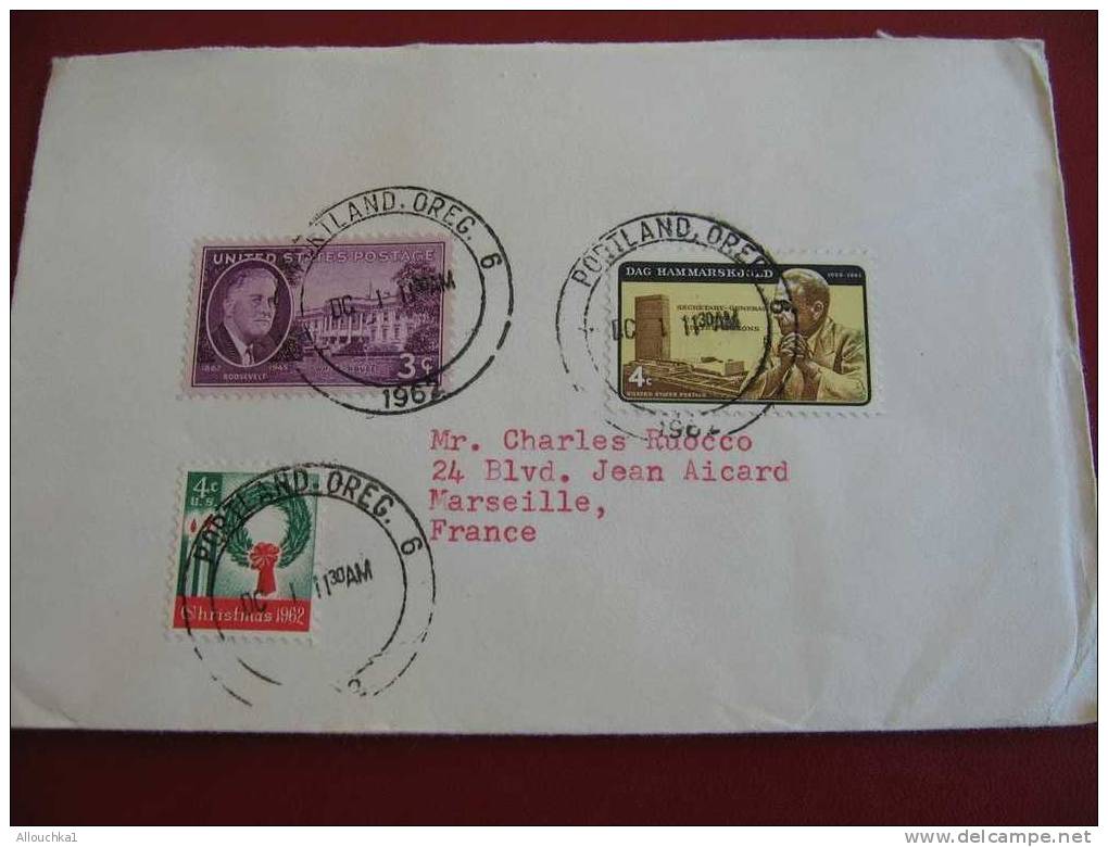 MARCOPHILIE LETTRE USA ETATS UNIS PORTLAND  POUR MARSEILLE FRANCE 1962 + LABELS VIGNETTES AU VERSO - Storia Postale